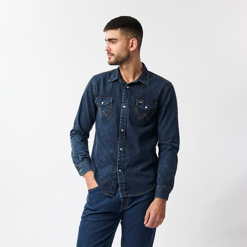 WESTERN LONG SLEEVE DENIM SHIRT IN STONEWASH BLUE