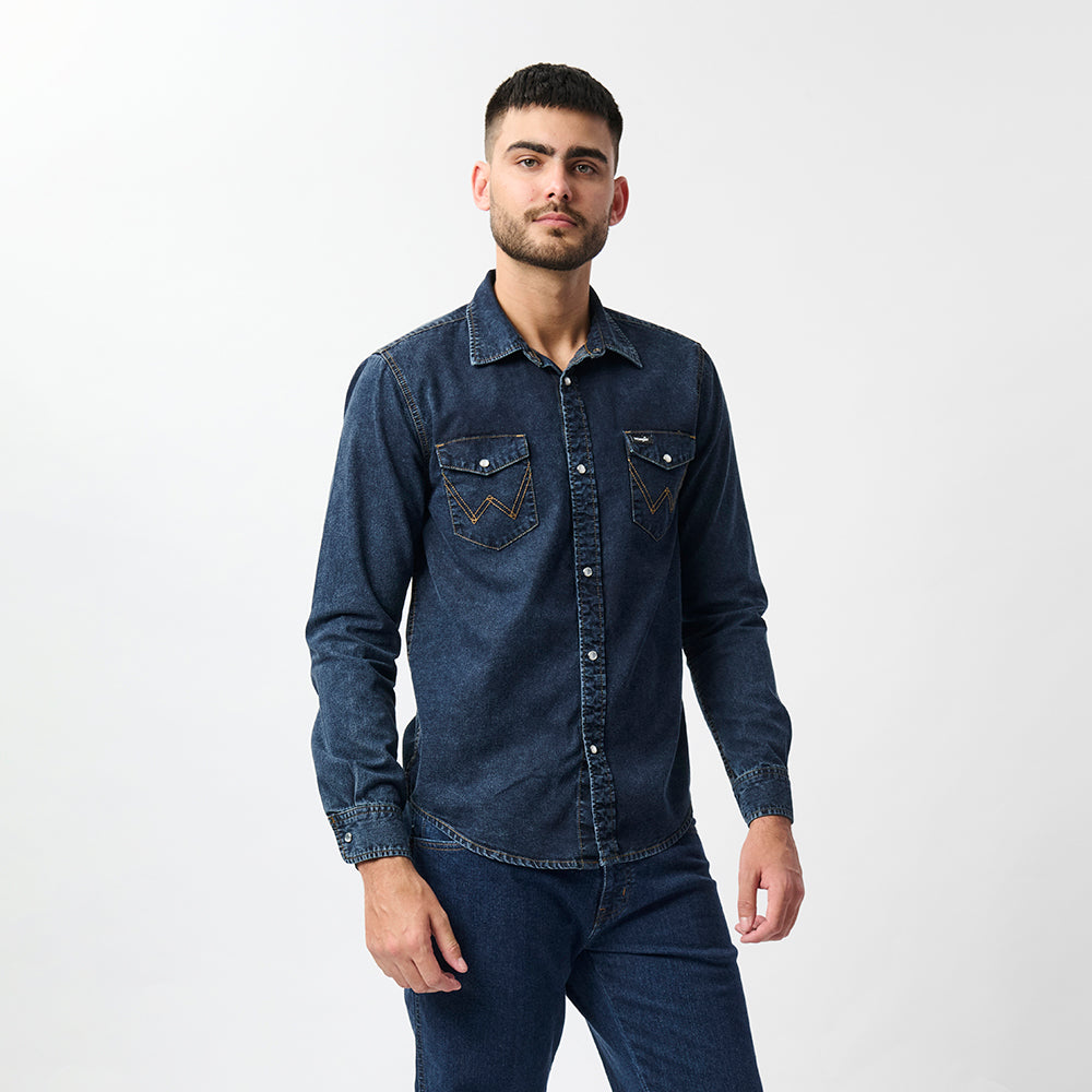 WESTERN LONG SLEEVE DENIM SHIRT IN STONEWASH BLUE