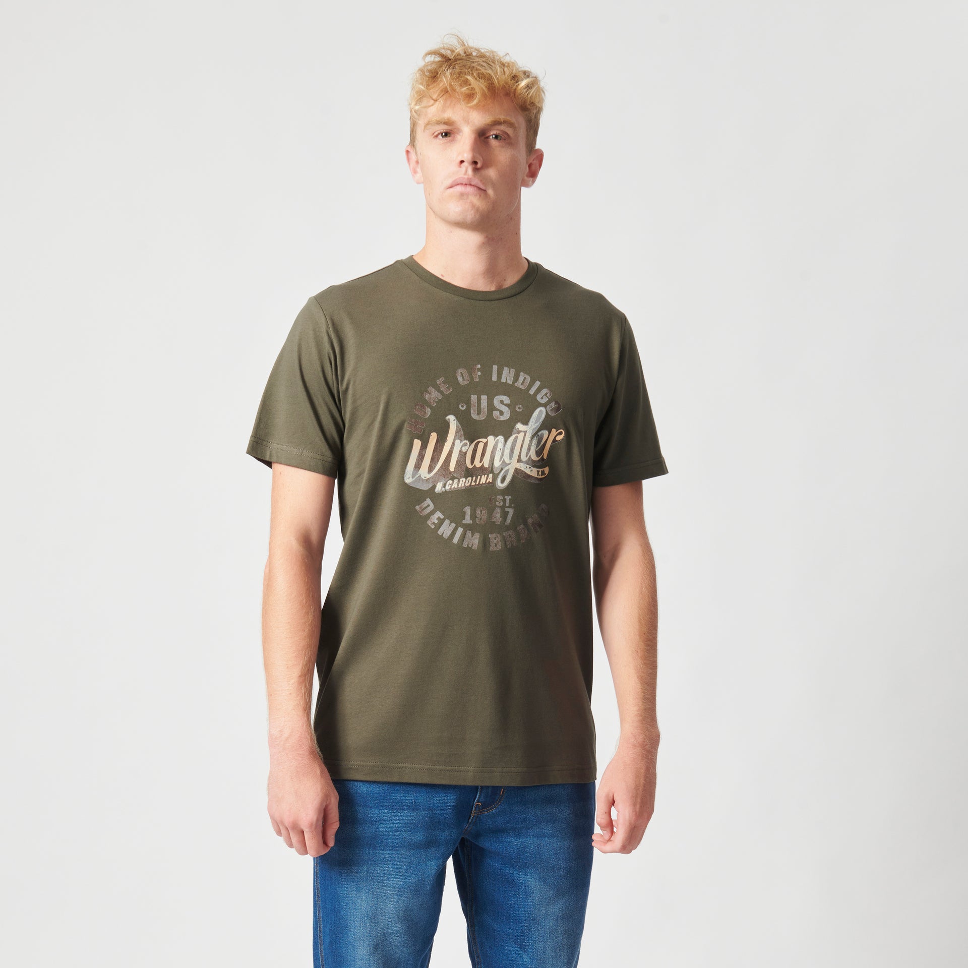 HOME OF INDIGO T-SHIRT IN DUSTY OLIVE