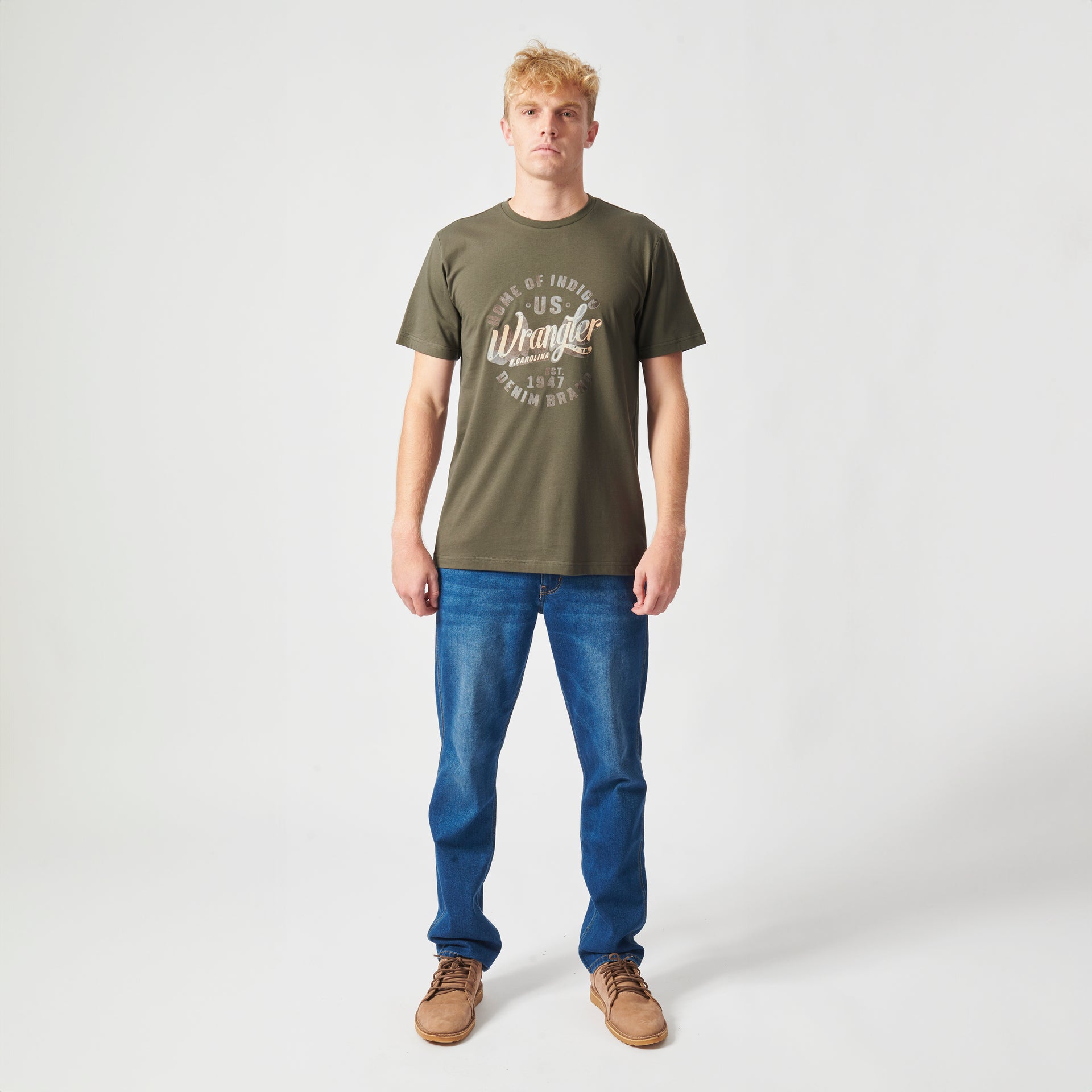 HOME OF INDIGO T-SHIRT IN DUSTY OLIVE